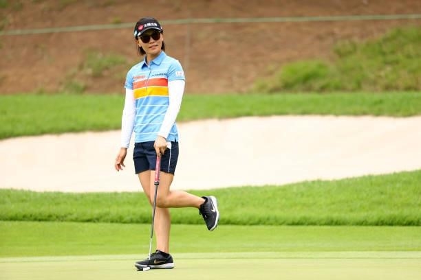 Teresa Lu of Chinese Taipei reacts after a putt on the 17th green during the second round of the Earth Mondamin Cup at Camellia Hills Country Club on...