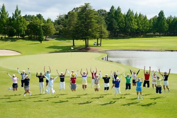 Golfers passed the professional test pose for photographs after the final round of the JLPGA Pro Test at Shizu Hills Country Club on June 25, 2021 in...