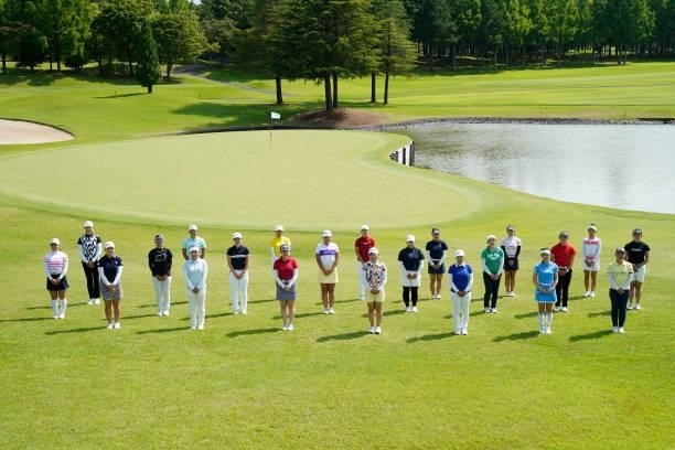 Golfers passed the professional test pose for photographs after the final round of the JLPGA Pro Test at Shizu Hills Country Club on June 25, 2021 in...