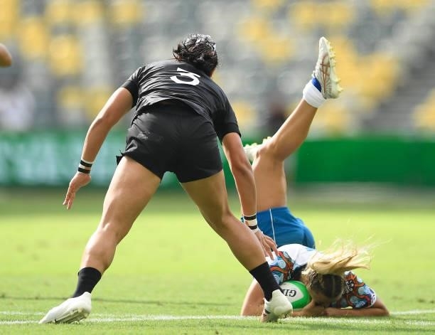 Stacey Waaka of New Zealand contest a high ball with Teahan Levi of Oceania during the Oceania Sevens Challenge match between New Zealand and Oceania...