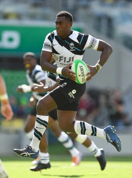 Kalioni Nasoko of Fiji runs the ball during the Oceania Sevens Challenge match between Fiji and Australia at Queensland Country Bank Stadium on June...