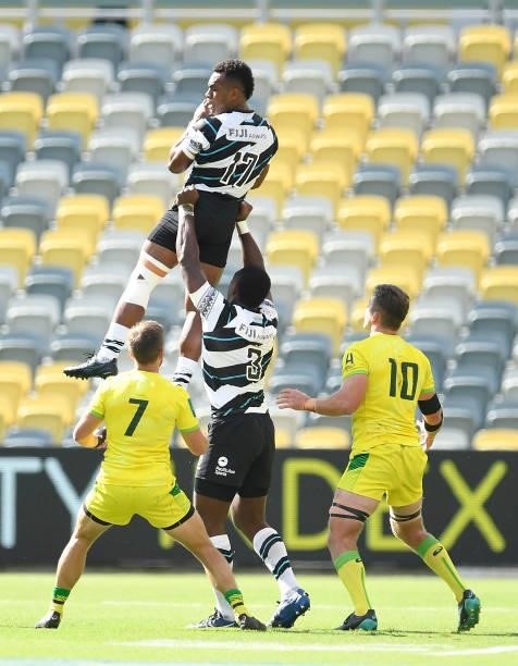 Sireli Maqala of Fiji catches a kick off during the Oceania Sevens Challenge match between Fiji and Australia at Queensland Country Bank Stadium on...