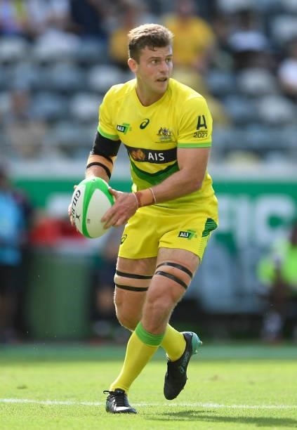 Nick Malouf of Australia looks to pass the ball during the Oceania Sevens Challenge match between Fiji and Australia at Queensland Country Bank...