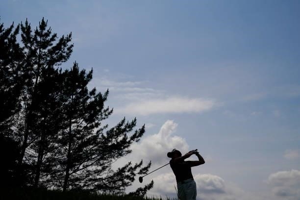 Akie Iwai of Japan hits her tee shot on the 18th hole during the final round of the JLPGA Pro Test at Shizu Hills Country Club on June 25, 2021 in...