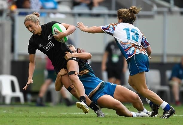 Sarah Hirini of New Zealand is tackled during the Oceania Sevens Challenge match between New Zealand and Oceania at Queensland Country Bank Stadium...