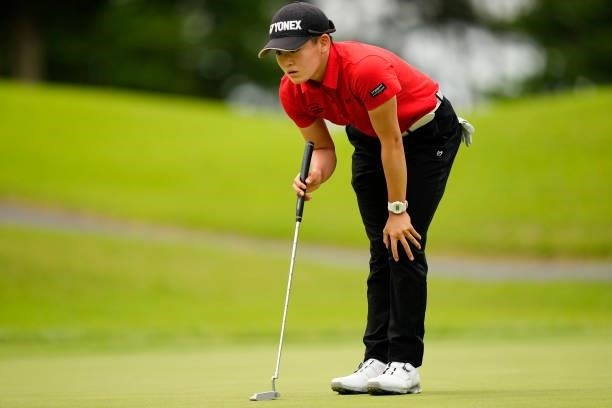 Akie Iwai of Japan prepares to putt on the 3rd green during the final round of the JLPGA Pro Test at Shizu Hills Country Club on June 25, 2021 in...