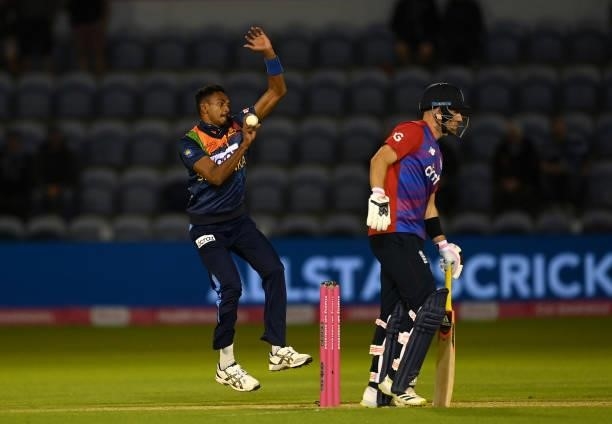 Dushmantha Chameera of Sri Lanka bowls during the 2nd T20 International match between England and Sri Lanka at Sophia Gardens on June 24, 2021 in...