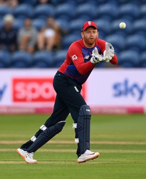 England wicketkeeper Jonathan Bairstow during the 2nd T20 International match between England and Sri Lanka at Sophia Gardens on June 24, 2021 in...