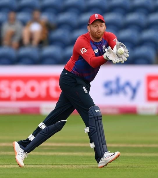 England wicketkeeper Jonathan Bairstow during the 2nd T20 International match between England and Sri Lanka at Sophia Gardens on June 24, 2021 in...