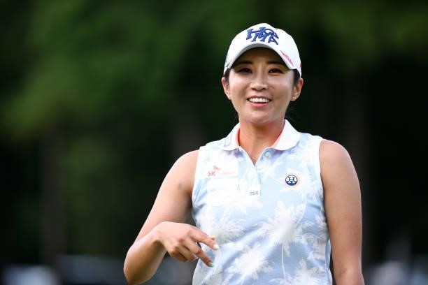 Bo-mee Lee of South Korea smiles during the second round of the Earth Mondamin Cup at Camellia Hills Country Club on June 25, 2021 in Sodegaura,...