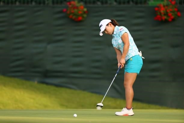 Momo Yoshikawa of Japan attempts a putt on the 18th green during the second round of the Earth Mondamin Cup at Camellia Hills Country Club on June...