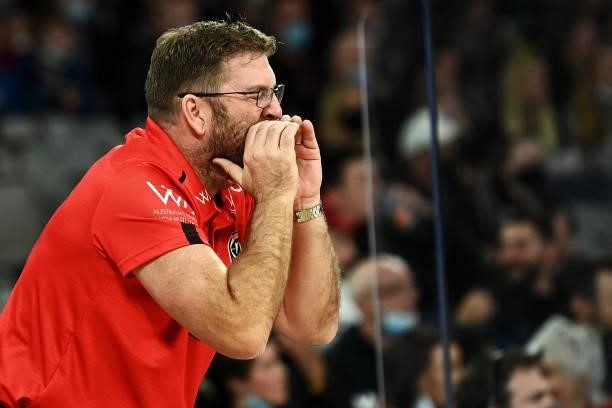 Trevor Gleeson, coach of the Wildcats calls instructions during game three of the NBL Grand Final Series between Melbourne United and the Perth...