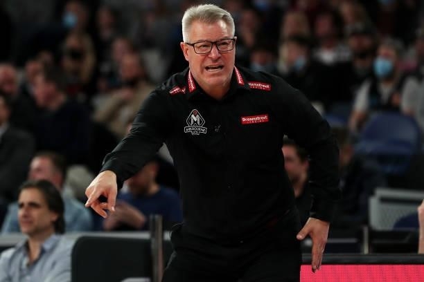 United coach Dean Vickerman calls instructions during game three of the NBL Grand Final Series between Melbourne United and the Perth Wildcats at...