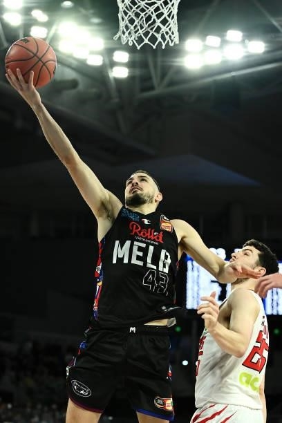Chris Goulding of Melbourne United lays up a shot during game three of the NBL Grand Final Series between Melbourne United and the Perth Wildcats at...