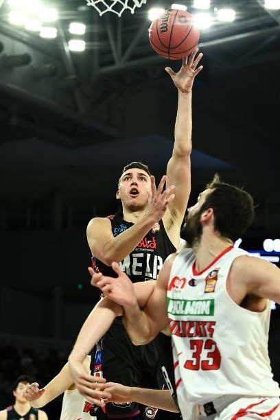 Mason Peatling of Melbourne United shoots during game three of the NBL Grand Final Series between Melbourne United and the Perth Wildcats at John...