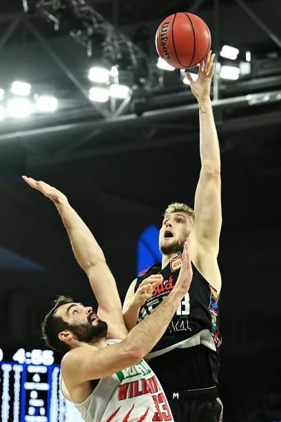 Jock Landale of Melbourne United shoots during game three of the NBL Grand Final Series between Melbourne United and the Perth Wildcats at John Cain...