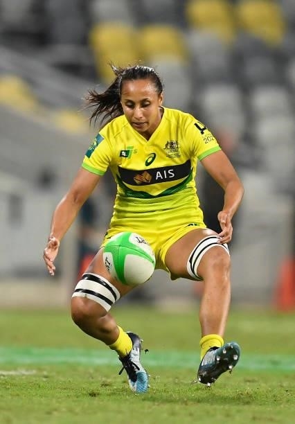 Cassandra Staples of Australia gathers the ball during the Oceania Sevens Challenge match between Australia and Oceania at Queensland Country Bank...