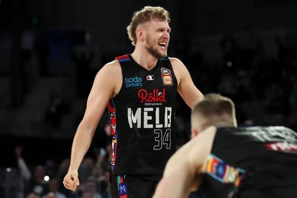 Jock Landale of Melbourne United celebrates victory during game three of the NBL Grand Final Series between Melbourne United and the Perth Wildcats...