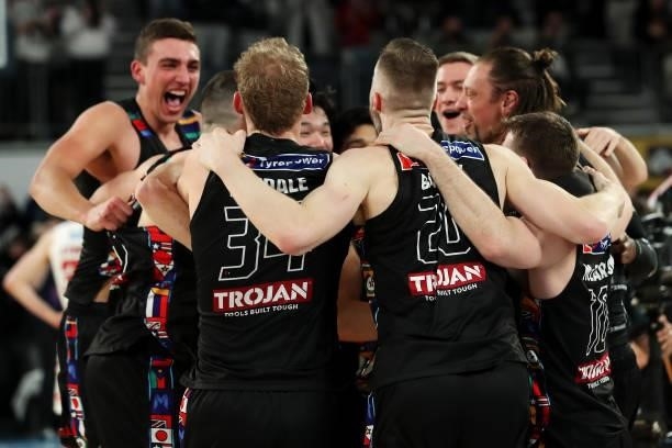Melbourne United celebrate victory during game three of the NBL Grand Final Series between Melbourne United and the Perth Wildcats at John Cain...