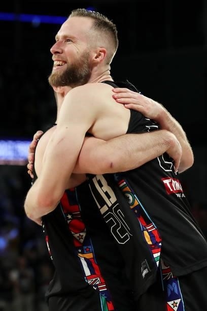 Mitch McCarron and David Barlow of Melbourne United celebrate victory during game three of the NBL Grand Final Series between Melbourne United and...