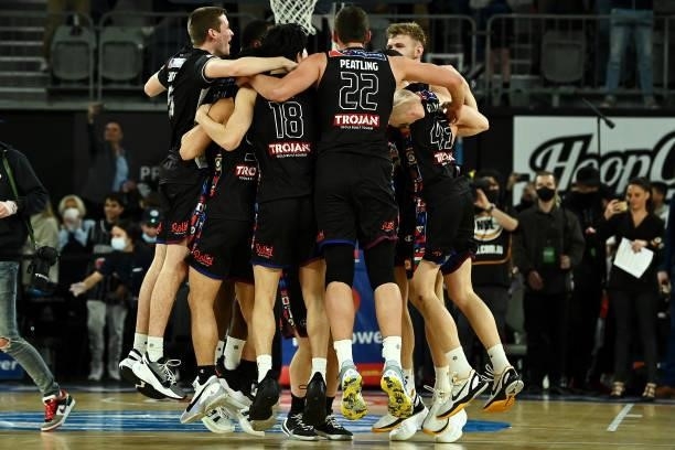 Melbourne United celebrate victory during game three of the NBL Grand Final Series between Melbourne United and the Perth Wildcats at John Cain...