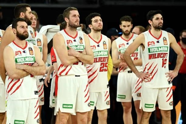 The Wildcats look dejected after defeat during game three of the NBL Grand Final Series between Melbourne United and the Perth Wildcats at John Cain...