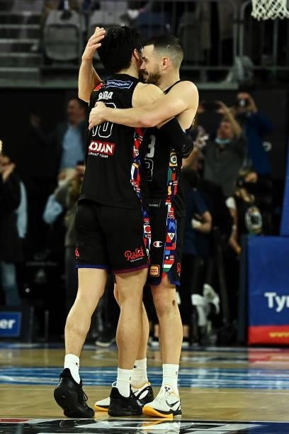 Yudai Baba and Chris Goulding of Melbourne United celebrate victory during game three of the NBL Grand Final Series between Melbourne United and the...