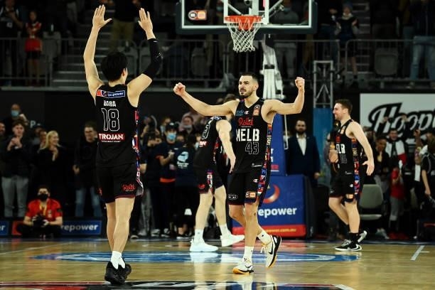 Yudai Baba and Chris Goulding of Melbourne United celebrate victory during game three of the NBL Grand Final Series between Melbourne United and the...