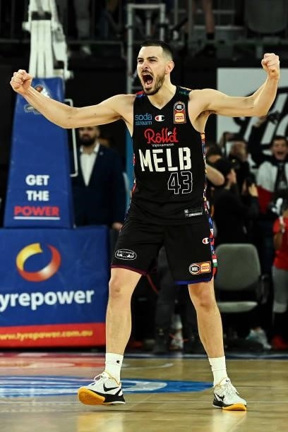 Chris Goulding of Melbourne United celebrates victory during game three of the NBL Grand Final Series between Melbourne United and the Perth Wildcats...