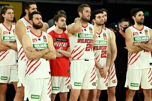 The Wildcats look dejected after defeat during game three of the NBL Grand Final Series between Melbourne United and the Perth Wildcats at John Cain...