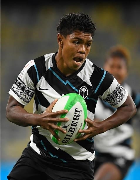 Rusila Nagasau of Fiji runs to score a try during the Oceania Sevens Challenge match between New Zealand and Fiji at Queensland Country Bank Stadium...