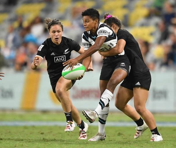 Josua Vakurunabili of Fiji is tackled during the Oceania Sevens Challenge match between New Zealand and Fiji at Queensland Country Bank Stadium on...