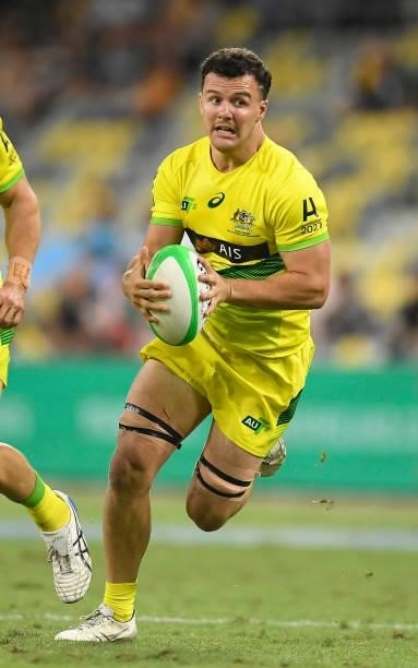 Dylan Pietsch of Australia runs the ball during the Oceania Sevens Challenge match between New Zealand and Australia at Queensland Country Bank...