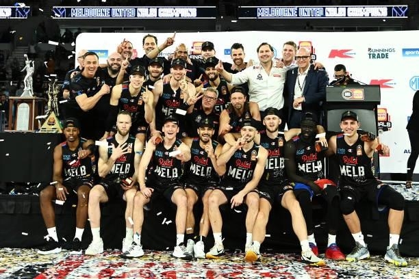 The Melbourne United team celebrate victory after game three of the NBL Grand Final Series between Melbourne United and the Perth Wildcats at John...