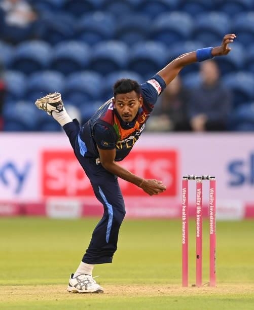 Dushmantha Chameera of Sri Lanka bowls during the second T20 International between England and Sri Lanka at Sophia Gardens on June 24, 2021 in...
