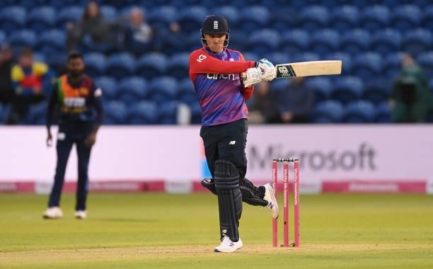 Jason Roy of England hits out during the second T20 International between England and Sri Lanka at Sophia Gardens on June 24, 2021 in Cardiff, Wales.
