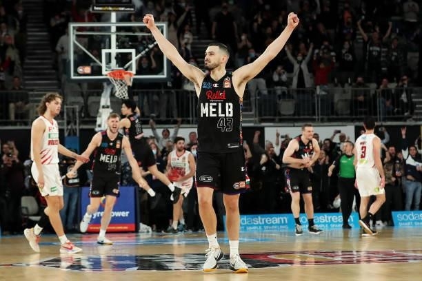 Chris Goulding of Melbourne United celebrates victory during game three of the NBL Grand Final Series between Melbourne United and the Perth Wildcats...