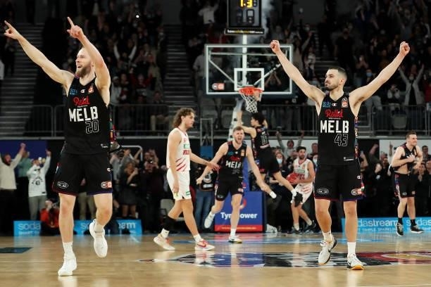 David Barlow and Chris Goulding of Melbourne United celebrate victory during game three of the NBL Grand Final Series between Melbourne United and...