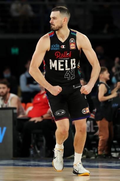 Chris Goulding of Melbourne United celebrates during game three of the NBL Grand Final Series between Melbourne United and the Perth Wildcats at John...