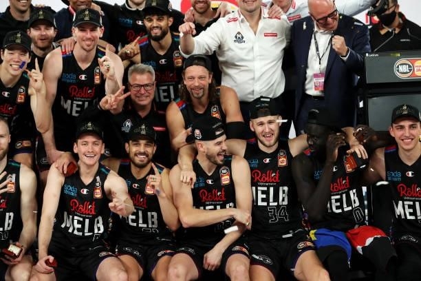 The Melbourne United team celebrate victory after game three of the NBL Grand Final Series between Melbourne United and the Perth Wildcats at John...