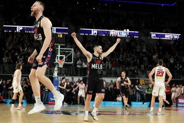David Barlow and Chris Goulding of Melbourne United celebrate victory during game three of the NBL Grand Final Series between Melbourne United and...