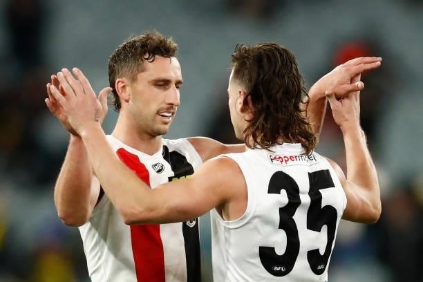 Luke Dunstan and Jack Sinclair of the Saints celebrate after the round 15 AFL match between the Richmond Tigers and the St Kilda Saints at Melbourne...
