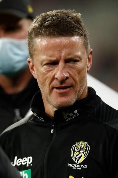 Richmond senior coach, Damien Hardwick looks on a the 3/4 time huddle during the round 15 AFL match between the Richmond Tigers and the St Kilda...