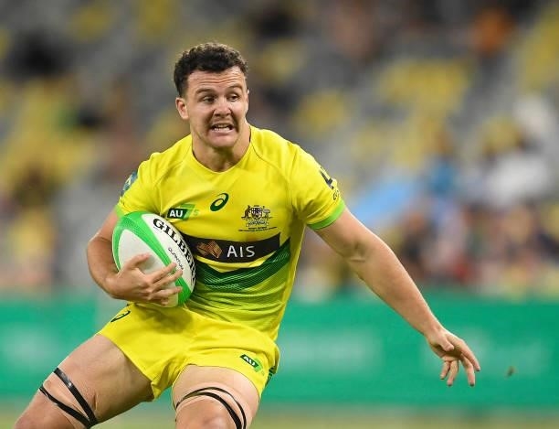 Dylan Pietsch of Australia runs the ball during the Oceania Sevens Challenge match between New Zealand and Australia at Queensland Country Bank...