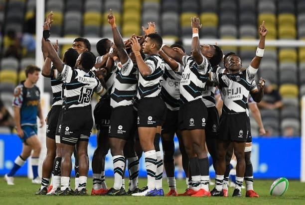 The Fijian team gather in a huddle during the Oceania Sevens Challenge match between Fiji and Oceania at Queensland Country Bank Stadium on June 25,...
