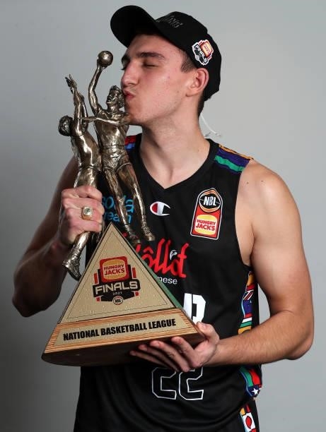 Mason Peatling of United poses following victory in game three of the NBL Grand Final Series between Melbourne United and the Perth Wildcats at John...