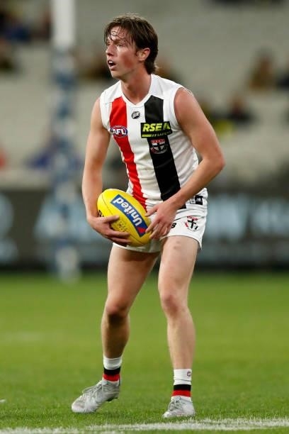 Leo Connolly of the Saints in action in his first AFL match during the round 15 AFL match between the Richmond Tigers and the St Kilda Saints at...
