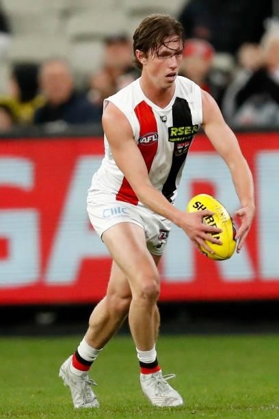 Leo Connolly of the Saints in action in his first AFL match during the round 15 AFL match between the Richmond Tigers and the St Kilda Saints at...