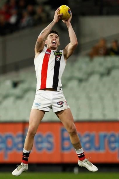 Josh Battle of the Saints marks the ball during the round 15 AFL match between the Richmond Tigers and the St Kilda Saints at Melbourne Cricket...