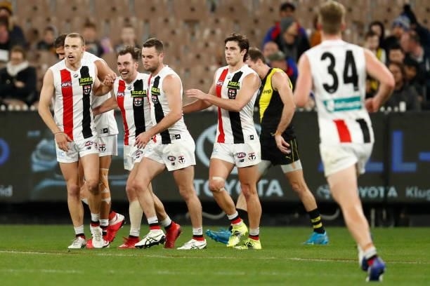 Daniel McKenzie of the Saints celebrates a goal during the round 15 AFL match between the Richmond Tigers and the St Kilda Saints at Melbourne...